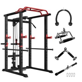 Multi-functional Power Cage,Home Adjustable Pullup Squat Rack 1000Lbs Capacity Comprehensive Fitness Barbell Rack (Color: Black-Red)